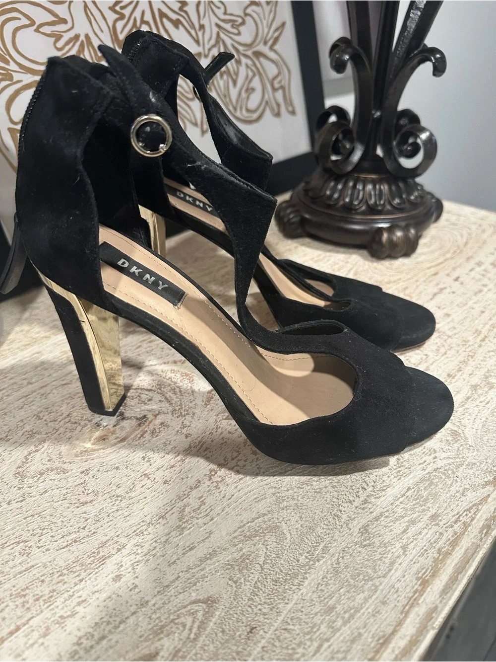 DKNY Black Suede Strappy Heels with Gold Block Heel